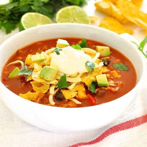 Quick Taco (Enchilada) Soup with Pulled Pork | RecipeTin Eats - Skip the beans and corn for low-carb. Could add green chilies instead. Leftover Pulled Pork, Tin Eats, Pork Carnitas Slow Cooker, Slow Cooker Shredded Chicken, Quick Soup, Pulled Pork Leftovers, Leftover Pork, Mexican Soup, Recipetin Eats