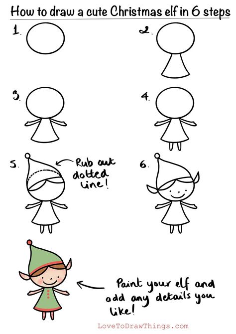 Easy Christmas Drawings, Elf Drawings, How To Draw Cute, Easy Step By Step Drawing, 심플한 그림, Draw Cute, Directed Drawing, Christmas Doodles, Easy Drawings For Kids