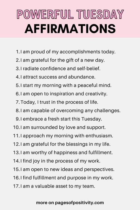 a pin that says in a large font Powerful Tuesday Affirmations Height Affirmations, New Job Affirmations, Tuesday Affirmations, Job Affirmations, Confident Mindset, Morning Gratitude Affirmation, Career Affirmations, Affirmations For Confidence, Morning Gratitude