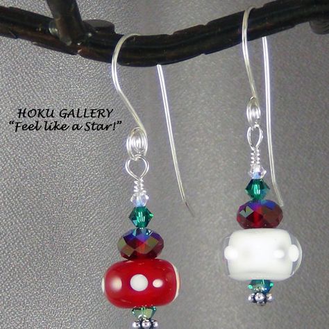 New!!!  Red White Green Lampwork Glass Bead Earrings  by HokuGallery Gallery Jewelry, Glass Bead Earrings, Londonderry, Earrings Christmas, Handcrafted Artisan Jewelry, Lampwork Glass Beads, Christmas Red, Long Tail, Faceted Crystal