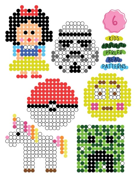 Kid Friendly Perler Bead Patterns Party Favors • A Subtle Revelry Pony Bead Projects, Easy Perler Bead Patterns, Pony Bead Crafts, Pony Bead Patterns, Perler Bead Templates, Hama Beads Patterns, Bead Embroidery Patterns, Diy Perler Beads, Iron Beads