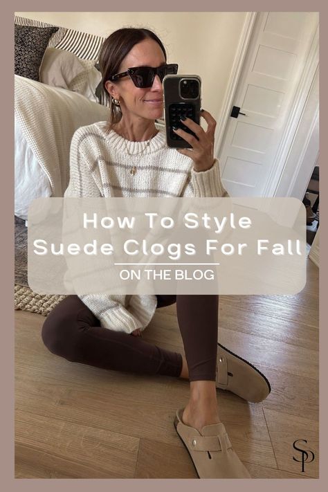 Do you want to love the suede clogs this fall but don't know where to start? After a bit of trial and error, I found what I feel works best for these amazingly comfortable, and might I add warm, shoes. I’m sharing 13 ways I’ve styled both pairs on the blog and I hope it helps if you’ve been on the fence about them in the styling department as well! Clogs And Leggings Outfit, Outfits With Comfortable Shoes, Comfy Teacher Shoes, Leggings And Clogs Outfit, Outfits With Clogs Winter, Suede Clogs Outfit, What To Wear With Clogs, Clogs Outfit For Women, Socks With Clogs