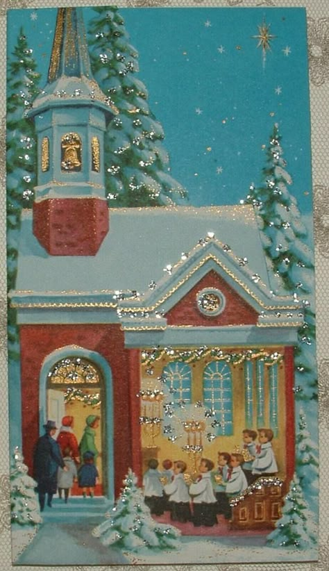 UNUSED - Glittered - 1950's Family Enter Church - 1950's Christmas Card | #2014238940 Morning Magic, Beautiful Christmas Scenes, Retro Christmas Cards, Send Christmas Cards, Kitsch Christmas, 1950s Christmas, Vintage Christmas Images, Hanging Christmas Tree, Merry Christmas To All