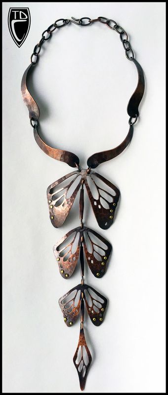 ToddConover.com - Double Strand Necklace, 2014 copper, Japser, gold leaf, ceramic glazed beads, leather Saw Piercing Jewelry, Pierced Metal Jewelry, Butterfly Inspired Fashion, Metalsmithing Jewelry, Double Strand Necklace, Wing Necklace, Butterfly Wing, Work Jewelry, Brass Jewelry