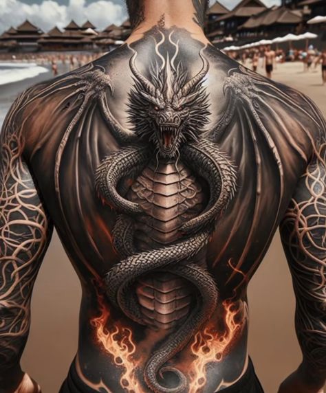 Lucifer Back Tattoo, Leg Tattoo Dragon, Half Sleeve Tattoo For Men Forearm Design, Back Tattoo Designs Men, Demonic Tattoos For Men, Back Dragon Tattoo, Dragon Tattoo Realistic, Back Piece Tattoo Men, 3d Dragon Tattoo