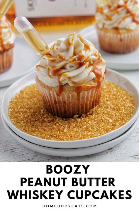 Learn how to make the best liquor cupcakes with peanut butter whiskey. These boozy cupcakes are made with a yellow cake then topped with an alcohol infused buttercream and a drizzle of caramel. If you like drinking peanut butter whiskey, this is the perfect dessert recipe for you! Cupcakes Made With Alcohol, Beer Flavored Cupcakes, Booze Infused Cake Pops, Whiskey Infused Cupcakes, Thanksgiving Desserts With Alcohol, Cupcakes With Shots On Top, Screwball Cupcakes, Booze Cupcakes Recipes, Cupcakes With Pipettes Liquor