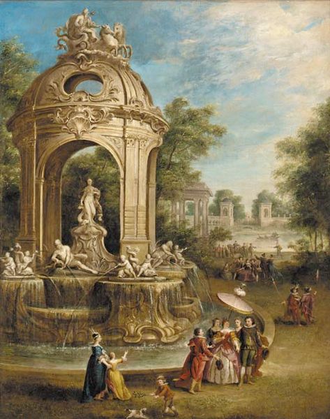 Manner of Pierre Patel | Elegant company by a baroque fountain in an Italianate garden, an ornamental lake beyond | Christie's Romance Book Covers Art, Huawei Wallpapers, Baroque Painting, 18th Century Paintings, Victorian Paintings, Rennaissance Art, Architecture Painting, Baroque Architecture, Architecture Old