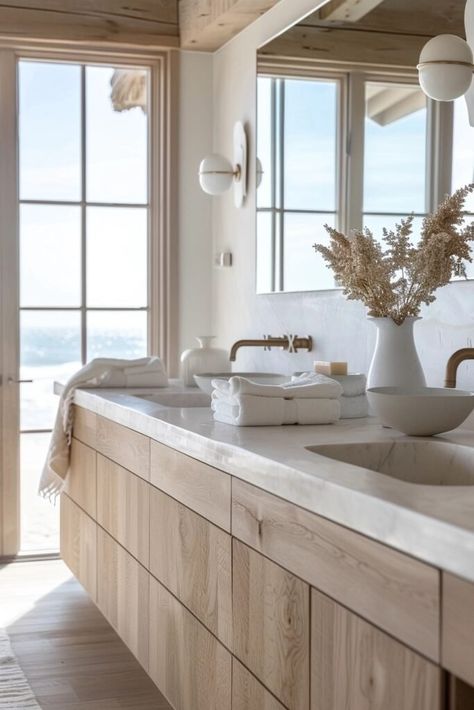 29 Coastal Modern Bathroom ideas for a Chic Ocean Feel Bathroom Design Large, Wood Marble Bathroom, Modern Beach Bathroom, Coastal Modern Bathroom, Recessed Shelving, Modern Coastal Bathroom, Organic Modern Bathroom, Modern Bathroom Ideas, Chic Beach House