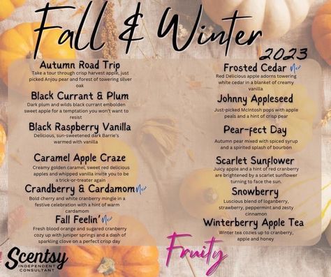 Scentsy Fall Winter 2023 Party, Fall Decor Aesthetic, Fall Smells, Scentsy Facebook Party, Scentsy Facebook, Bourbon Caramels, Fruity Scents, Scentsy Fall, Red Delicious Apples