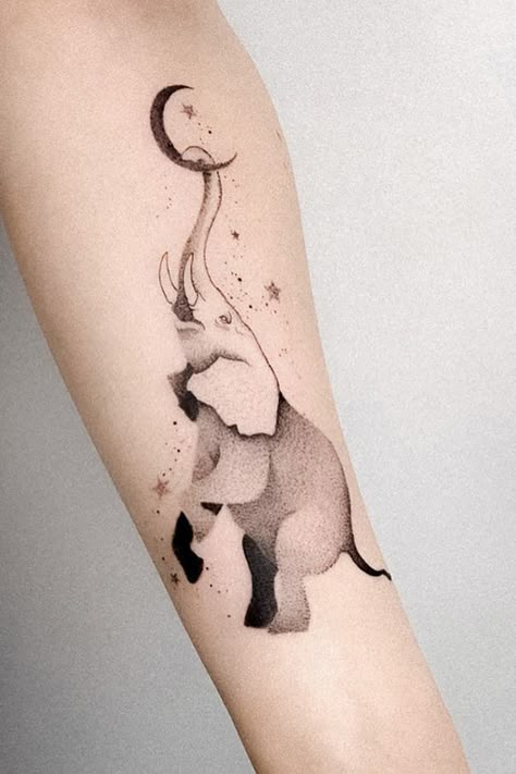 Creative Elephant Tattoos, Elephant Profile Tattoo, Elephant Tattoo Cover Up, Elephant And Moon Tattoo, Elephant Tattoos Trunk Up, Elephant Moon Tattoo, Elephant Tattoo Design For Women, Unique Elephant Tattoos, Tattoo Ideas Elephant