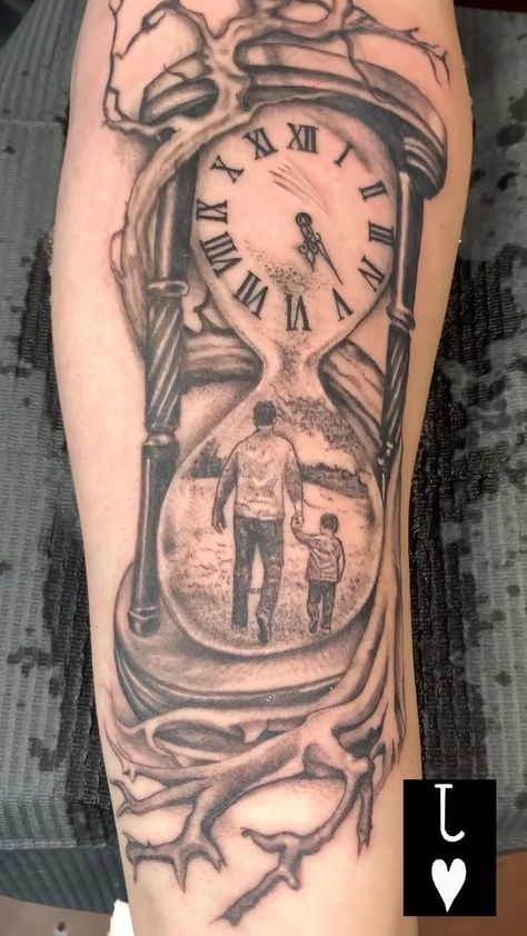 Fathers Memorial Tattoos, Hourglass Memorial Tattoo, My Fathers Keeper Tattoo, Father Time Tattoo, Son Tattoo For Dad, Dad And Son Tattoo Ideas, Tatto Clock, Father And Son Tattoo, Dad Daughter Tattoo