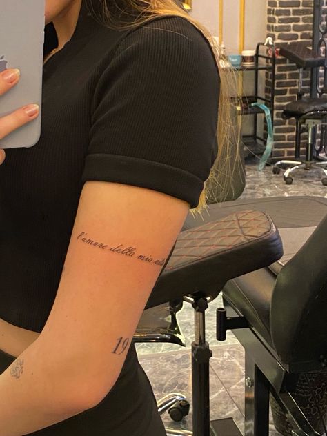 Tattoos Arm Placement, Script Placement Tattoo, Interesting Tattoo Placement, Writing Tattoos Placement, Outer Arm Tattoos For Women, Script Tattoo Placement, Arm Tattoo Placement, Word Tattoos On Arm, Baddie Tats