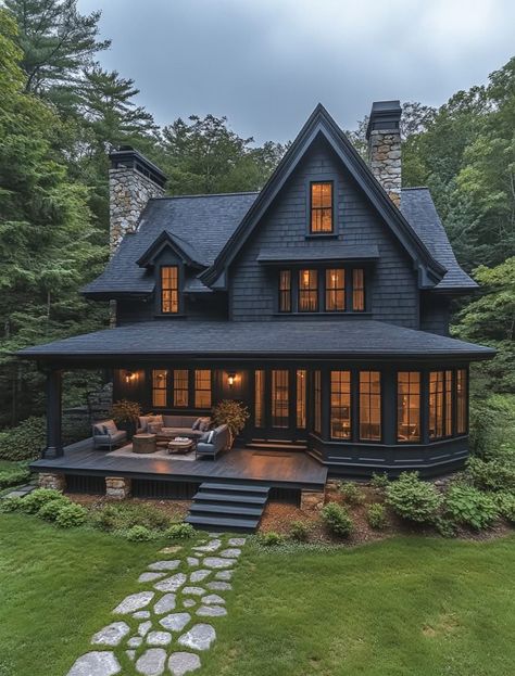 Vintage Home Aesthetic Exterior, Homes In Washington State, Dark Cottage House, Grunge House Exterior, Closed Concept House, Black Houses Exterior, Dream Home Exteriors, Small Tudor Style Homes, Black Small House