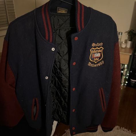 Oxford university varsity jacket Varsity Jacket University, Varsity Photoshoot, University Jacket, Senior Jackets, Varsity Jacket Outfit, School Sweater, University Outfit, Anime Outfit, Mens Casual Dress Outfits