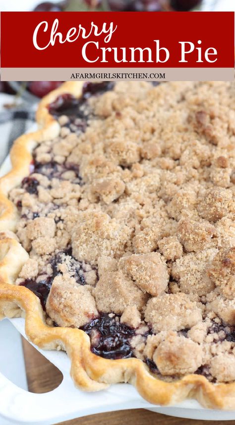 Cherry crumb pie has a tart and sweet cherry pie filling baked inside buttery pie crust and topped with a delicious crumb topping. It's the perfect combination of cherry crumb and pie. Cherry Crumb Pie With Canned Filling, Cherry Pie With Crumb Topping Easy, Dutch Cherry Pie Topping, Cherry Crumble Pie Recipe, Cherry Pie Topping Crumble, Cherry Pie Topping, Crumb Topping For Cherry Pie, Cherry Crunch Pie, Cherry Crumble Pie With Canned Filling