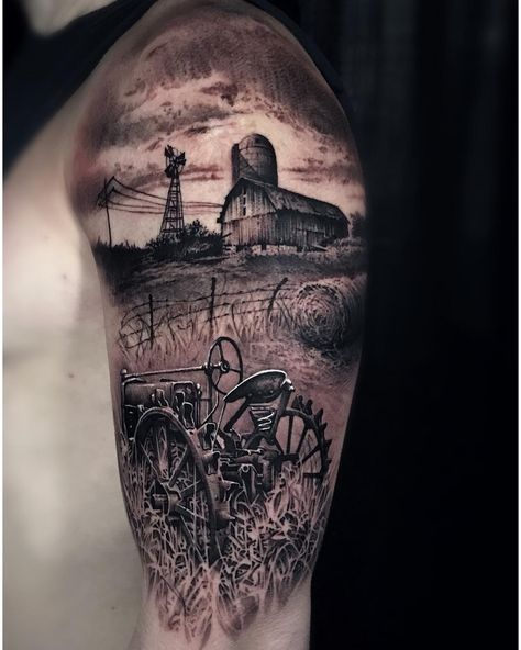 Farm Tattoo Ideas, Cool Tattoo Ideas For Men, Farmer Tattoo, Biker Tattoos Designs, Farm Tattoo, Tattoo Ideas Back Spine, Tattoo Ideas Back, Army Tattoos, Bike Tattoos