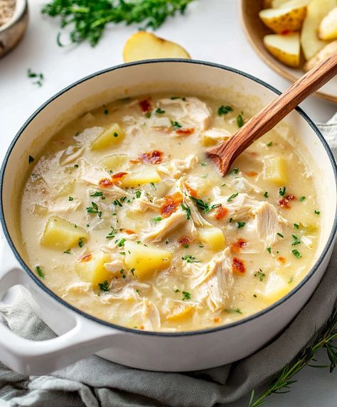 Chicken Potato Soup Recipe Potato Soup Made With Chicken Broth, Soup Chicken Potato, Creamy Chicken Potato Soup Crockpot, Potato Soup Chicken Broth, Chicken Noodle Potato Soup, Soup With Chicken And Potatoes, Chicken Potato Soup Recipes, Chicken Potatoes Soup, Chicken Noodle Soup With Potatoes