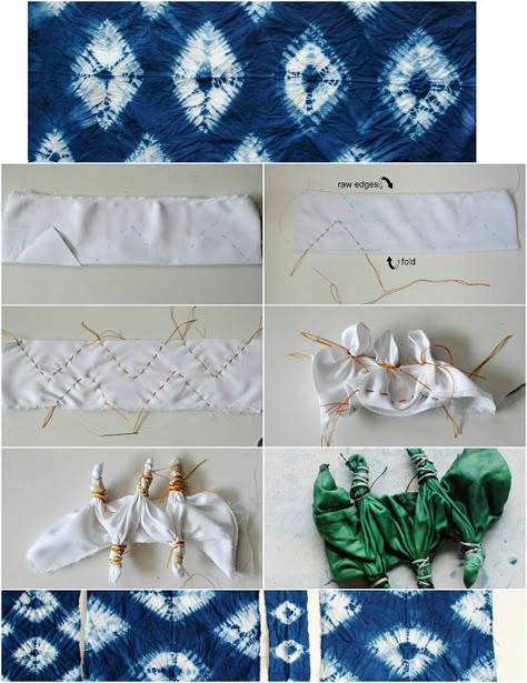 Trash To Couture: DIY: Nui Shibori with Indigo Tie Dye Shibori, Fabric Folds, Shibori Diy, Diy Tie Dye Techniques, Diy Tie Dye Designs, Tie Dye Patterns Diy, Fabric Dyeing Techniques, Diy Tie Dye Shirts, Dyeing Tutorials