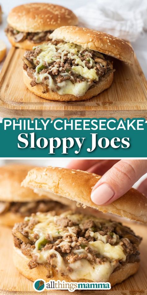 social collage image, top image shows two Philly Cheesesteak Sloppy Joes sitting on a wood board. the bottom image shows a close up of a Philly Cheesesteak Sloppy Joes and the filling Philly Cheesecake Sloppy Joes, Ground Beef Sandwich Recipes, Ground Beef Sandwiches, Philly Cheese Steak Sloppy Joes, Philly Cheesecake, Cheesesteak Sloppy Joes, Philly Sandwich, Philly Cheesesteak Sloppy Joes, Ultimate Sandwich