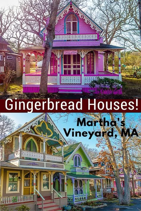 Travel to Martha's Vineyard, MA isn't complete without seeing these whimsical, colorful real-life gingerbread houses: Some of the prettiest cottages you'll ever see! Massachusetts Halloween, Cape Cod Exterior, Marthas Vinyard, Marthas Vineyard Vacation, Vineyard Vacation, Cape Cod Vacation, Massachusetts Travel, Pretty Cottage, New England Road Trip