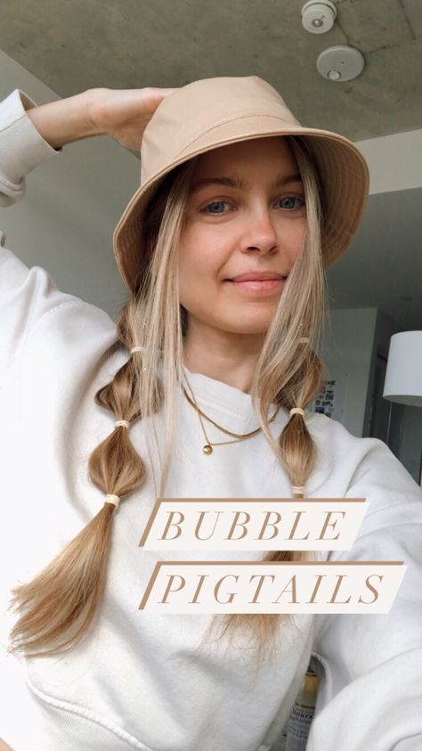 Bubble Pigtails Tutorial, Pigtails Tutorial, Braids With Hat, Bucket Hat Hairstyles, Bubble Pigtails, Iii Points, Hair Doos, Hair Dyes, Pigtail Braids