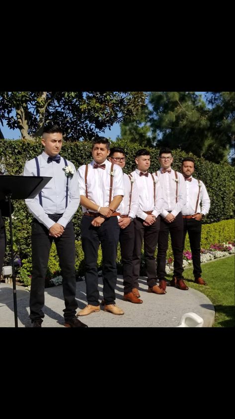 Black Suit Brown Suspenders, Black Pants With Suspenders Groomsmen, Groomsmen Suspenders And Bowties, Black Suspenders Groomsmen, Brown Suspenders Groomsmen, Suspenders Men Wedding, Outfits With Suspenders, Suspenders Groomsmen, Gray Groomsmen Suits