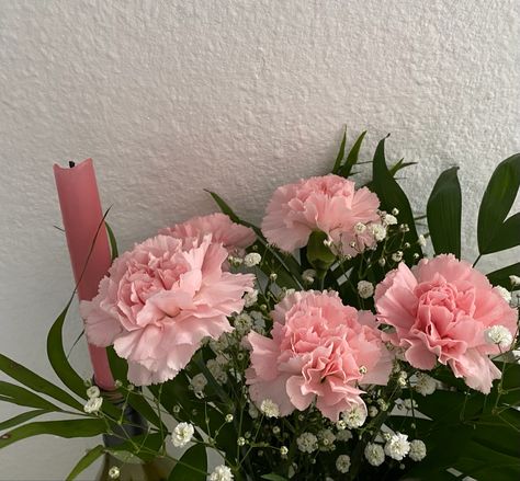 carnations | flowers | rosé | candle | pink | baby’s breath Carnations You Had Thought Were Roses, Light Pink Carnations, Naomi Core, Scenery Aesthetic, Carnation Bouquet, Flower Boquet, Eucalyptus Bouquet, White Carnation, Favourite Flowers