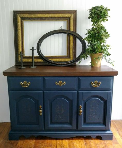 Navy Blue Buffet, Navy Buffet, Blue Buffet, House Updates, Wood Buffet, Stand Ideas, Harvest Moon, Updating House, Little Houses