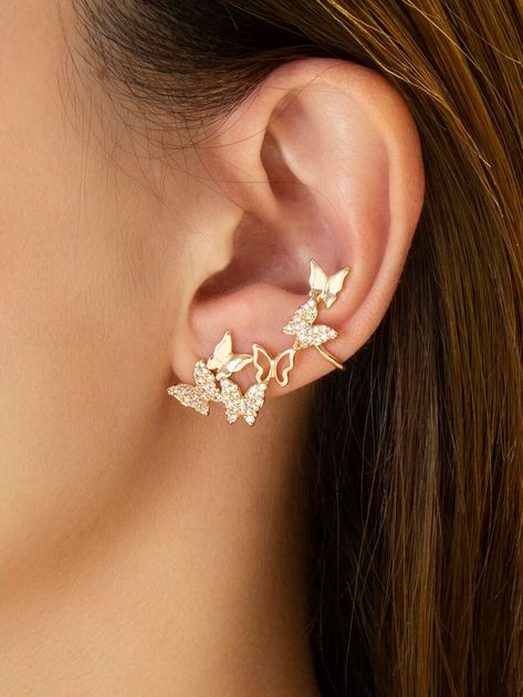 Rhinestone Butterfly Ear Cuff | SHEIN USA Butterfly Earrings Gold, Ear Climbers Earrings, Butterfly Earrings Stud, Climber Earrings, Ear Cuff Earings, Girly Jewelry, Butterfly Earrings, Cuff Earrings, Stylish Jewelry