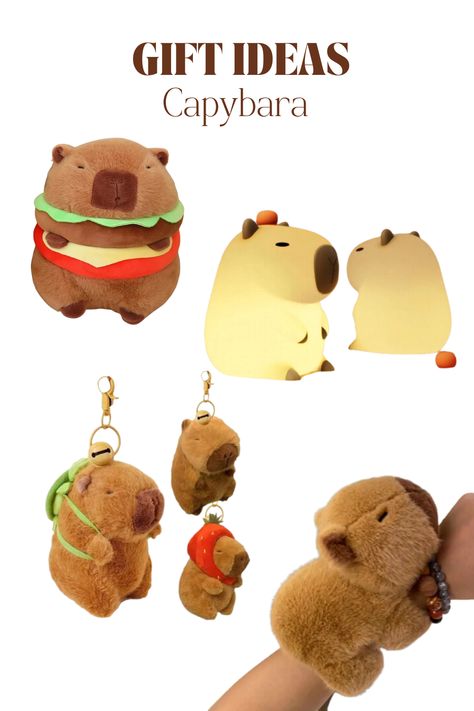 4 Super cute and affordable capybara gifts🤎  Here you have: 🤎Burger Plush 🤎Soft night light 🤎Keychain 🤎Clap wristband  Which one is your favorite?  #affiliate Capybara Gift Ideas, Burger Plush, Mobile App Icon, Trio Halloween Costumes, Mr. Beast, Pretty Animals, Cute Stuffed Animals, Littlest Pet Shop, Animal Memes