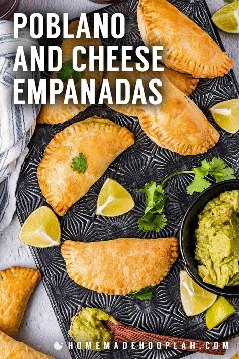 Poblano and Cheese Empanadas! These poblano and cheese empanadas are filled with a flavorful blend of mild chili peppers, corn, and manchego cheese, all baked within a crisp, flaky crust. | HomemadeHooplah.com Empanadas With Crescent Rolls, Empanadas Recipe Mexican, Cheesy Empanadas, Empanada Filling Recipes, Veggie Empanadas, Easy Empanadas Recipe, Vegetarian Empanadas, Cheese Empanadas, Cheese All