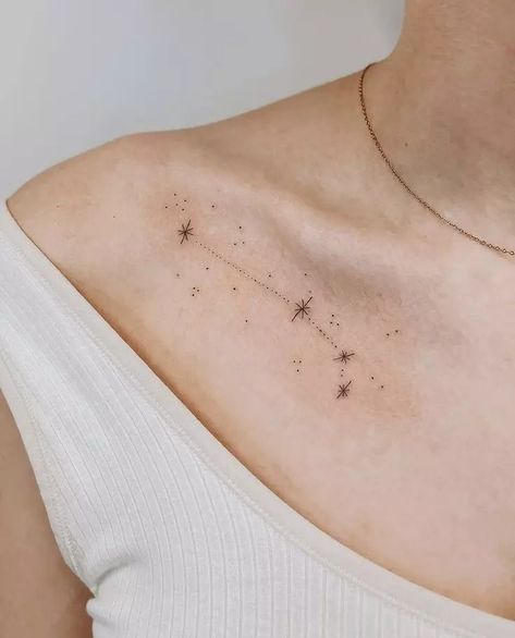 13 Remarkable Aries Tattoo Ideas You Will LOVE - Spirithandbook Aries Zodiac Tattoos Constellation, Aries Collar Bone Tattoo, Aries Tattoo Constellation Stars, Constellation Collar Bone Tattoo, Constellation Tattoo Aries, Dream Tattoos For Women, Constalation Stars Tatoos, Astrology Tattoo Aries, Aries Tattoo Constellation