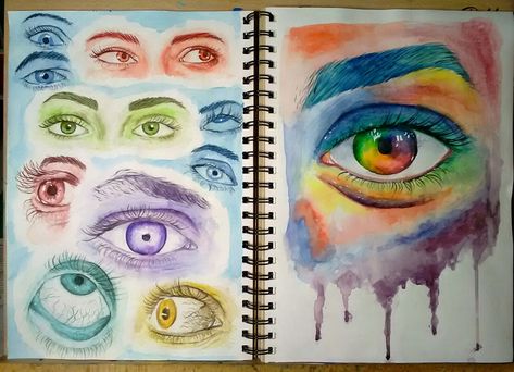 Sketchbook page of colourful eyes using watercolours Colourful Sketchbook Ideas, Gcse Watercolour Art Sketchbook, Colour Gcse Art Sketchbook Pages, Colour Theory Page Gcse, Gcse Colour Theory Page, Edie Nadelhaft, Watercolour Sketchbook Pages, Color Theory Sketchbook Page, Gcse Art Colour Theory Page