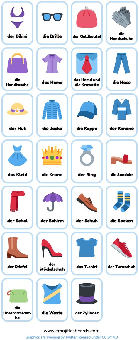 Clothes In German, German Flashcards Printables, German Vocabulary Flashcards, German Flashcards, German Vocabulary, Flash Cards, German Phrases Learning, Deutsch Language, Study German