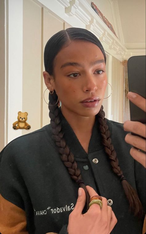 Two Low Braids Hairstyle, 2 Braid Pigtails, Braided Pigtails Short Hair, Braided Two Buns, Short Hair Classy Hairstyles, Two Braids Black Women, Low Pigtail Braids, Two Plaits Hairstyles, Wednesday Addams Braids