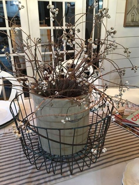 Displaying Antique Crocks, Antique Crate Ideas, Crock Fall Decorating Ideas, Old Crocks Decor Ideas Farmhouse, Crock Ideas Decor Farmhouse Style, Crock Arrangements, Old Buckets Ideas Rustic, Decorating With Crocks Display, Stoneware Crock Decor Ideas