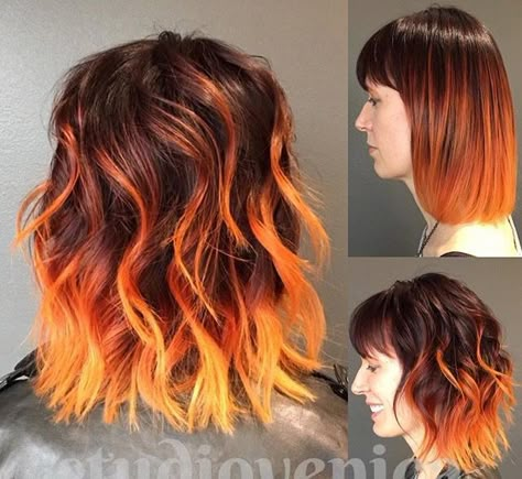 Fire Hair Balayage, Fire Inspired Hair Color, Flame Hair Dye, Sunflower Hair Color Ombre Short, Fire Hair Color Ombre, Red Color Melt Hair, Hair Color Melt, Color Melt Hair, Fire Ombre Hair