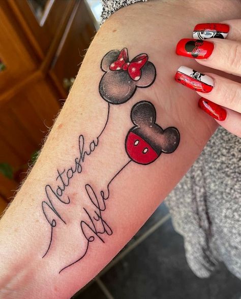 Minnie Mouse Daughter Tattoo, Disney Tattoos For Daughter, Disney Mum Tattoo, Disney Tattoo For Daughter, Mickey Mouse Wrist Tattoo, Tattoos For Moms Of 3, Disney Tattoos For Moms, Disney Daughter Tattoo, Disney Name Tattoo