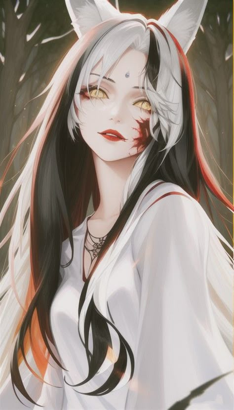 Anime Kitsune Female White Hair, White Hair Kitsune, Anime Fox Woman, Kitsune Girl Art, Kitsune Woman, Kitsune Aesthetic, Kitsune Oc, Anime Kitsune, Kitsune Art