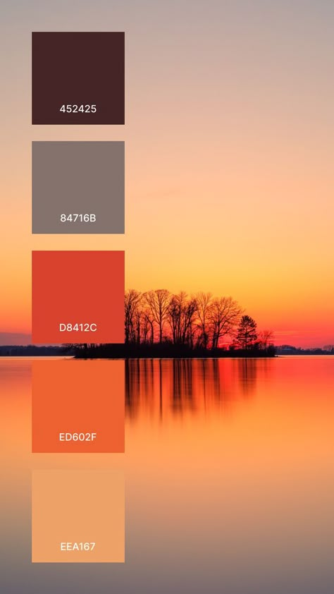 A good colors that work together in a color palette:
1. 452425
2. 84716B
3. D8412C
4. ED602F
5. EEA167 Sunset Colour Palette, Sister Characters, Sunrise Color Palette, Spiderman Au, Pantone Color Palette, Paint Sample Cards, Sunset Color Palette, Sunset Palette, Pantone Colours