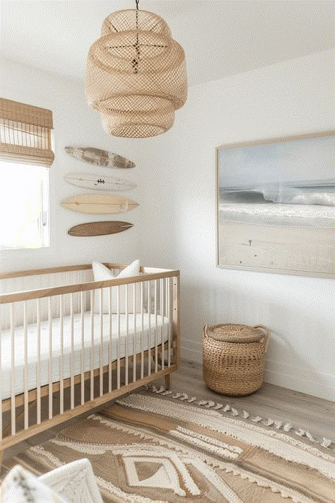 four mini surfboards on the wall in a surf themed neutral nursery Tulum Inspired Nursery, Neutral Surfer Nursery, Water Themed Nursery Ideas, Shell Nursery Theme, Surf Home Aesthetic, Water Theme Nursery, Coastal Toddler Boy Room, Surfboard In Room, Gender Neutral Beach Nursery