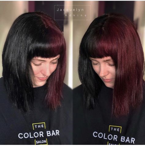 Half Maroon Half Black Hair, Brown Red Split Dye, Dark Red Split Dye, Dark Split Dye, Half Black Half Dark Red Hair, Dark Red And Black Split Dye, Split Dyed Hair Red And Brown, Burgundy Split Dye, Brown And Black Split Dye