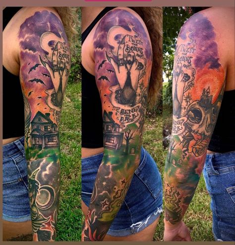 Halloween tattoo Hocus Pocus Tattoo Sisters, Watercolor Halloween Tattoo, Hocus Pocus Tattoo Design, Halloween Sleeve Tattoo, Hocus Pocus Spell Book Tattoo, Halloween Tattoo Sleeve, Hocus Pocus Binx Tattoo, Hocus Pocus House Tattoo, Halloween Sleeve Tattoo For Women