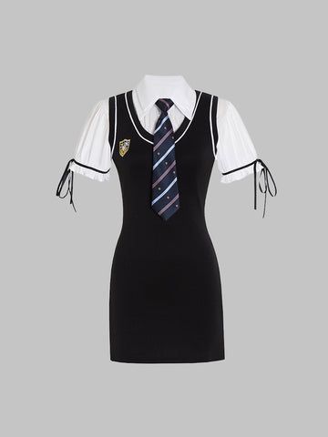 sampeal Shirt Black Dress, Outfit Konser, School Uniform Fashion, Preformance Outfits, Clueless Outfits, Plaid Tie, Uniform Fashion, School Uniforms, Fantasy Dress