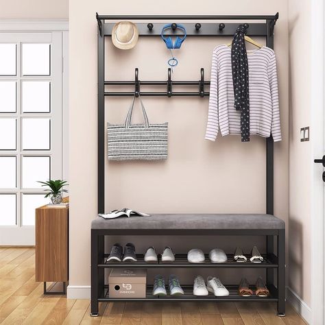 WPPTNSFY Hallway Shoe Rack and Bench with Hooks, Entry Bench with Coat Rack, Metal Frame, Intimate Foot Pad Design Non-Slip and Scratch-Resistant, for The Living Room Hall, L:80/100CM, Dark Grey : Amazon.co.uk: Home & Kitchen Coat Rack Shoe Bench, Entryway Hall Tree, Coat And Shoe Rack, Shoe Rack Bench, Hallway Coat Rack, Hanging Clothes Racks, Standing Coat Rack, Storage Stool, Shoe Bench