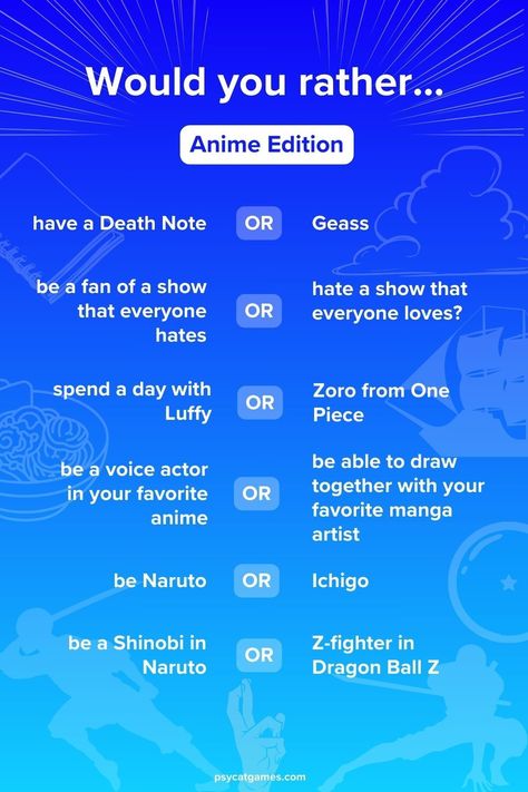 Our collection of 40+ Anime "Would You Rather" questions is designed to test your Otaku knowledge and reveal how much you really know about your favorite shows and characters! Marvel Trivia Questions And Answers, Would U Rather Questions, Jjk Kinnie Quiz, Would U Rather Question For Teens, Would U Rather, Character Questions, Gold Pokemon, Would You Rather Questions, Play Pokemon