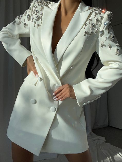 MESSA Beaded Cady Mini Blazer Dress in White – ZCRAVE Blazer On Dress Outfit, White Pants And Blazer Outfit, Blazer Dresses, Beaded Blazer, Rhinestone Blazer, White Mini Blazer Dress For Party, White Blazer Dress, White Embellished Blazer For Party, White Embellished Party Blazer