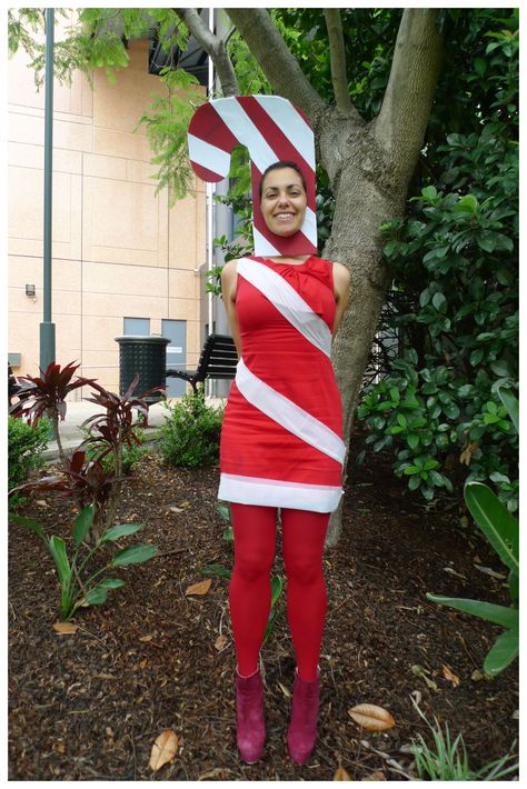 Day 173: Christmas Ornament Candy Cane Outfit Ideas, Candy Cane Dress Up Day, Candy Cane Dress, Candy Cane Costume, Red Bow Dress, Plastic Table Cover, Red Tights, Dress Up Day, Plastic Table Covers