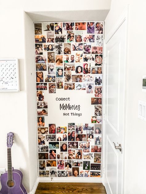 DIY Photo/Memory Wall Collect Memories Not Things Photo Wall, Classroom Memory Wall, 90s Theme Bedroom, Memorial Wall In Home Diy, Diy Photo Collage Ideas Creative, Photo Memory Wall, Memory Wall Ideas, Wall Of Memories, Galaxy Ideas