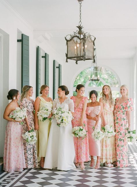 Looking for patterned bridesmaid dress inspo? Look no further than this spring tented wedding filled with patterns and lush florals! Photography: Anne Rhett Photography (http://annerhettphotography.com) Green Yellow Pink Bridesmaids, Pink Yellow Bridesmaid Dresses, Peach Floral Bridesmaid Dresses, Pink And Yellow Bridesmaid Dresses, Patterned Bridesmaid Dress, Floral Bridesmaid Dresses Mismatched, Mismatched Blush Bridesmaid Dresses, Pastel Bridal Party, Pink Yellow Weddings